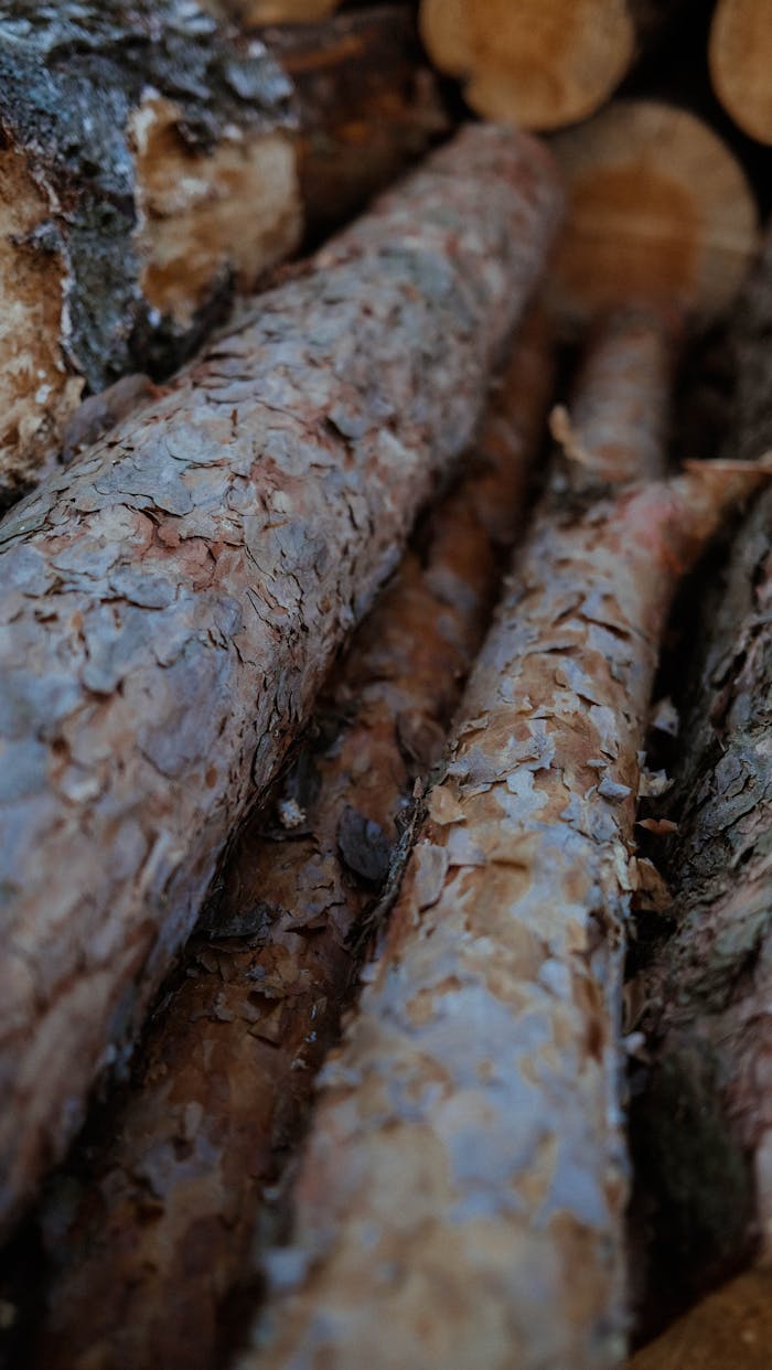 Close-up view of pine logs showing texture and bark in a forest setting.